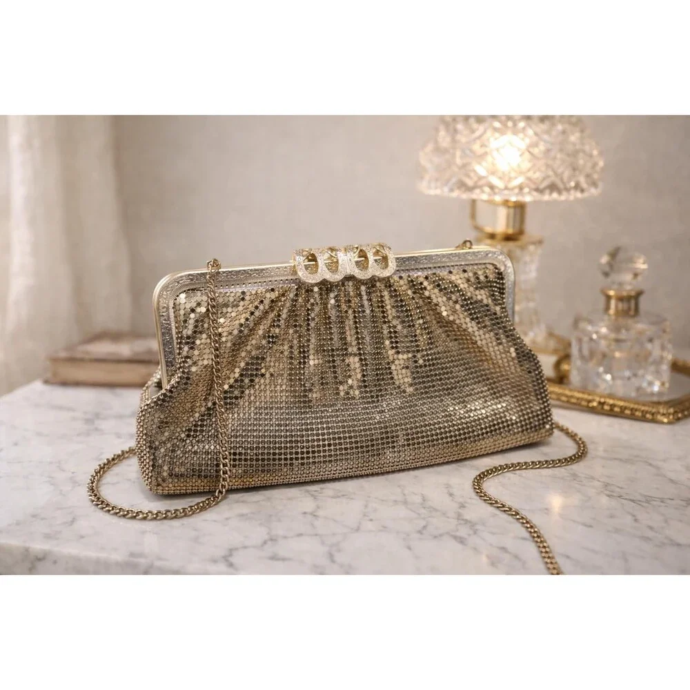 Vintage Gold Mesh Elegant Evening Bag With Rhinestone Clasp & Chain Strap Prom W